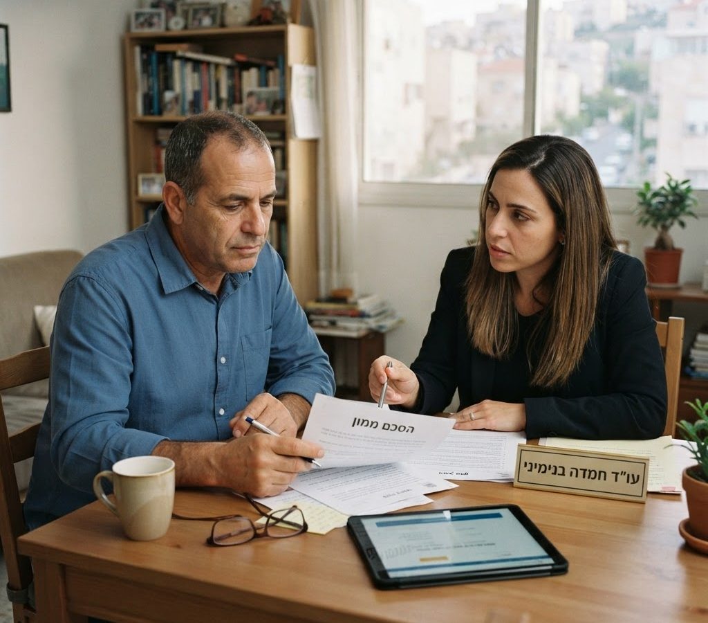 זוג גרוש יושב מול עורך דין לדיון בהסכם ממון חדש