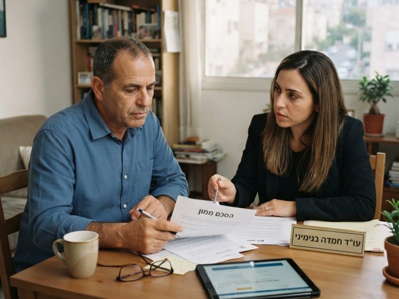 זוג גרוש יושב מול עורך דין לדיון בהסכם ממון חדש